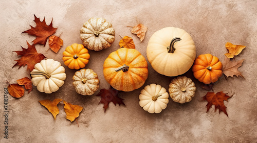 A group of pumpkins with dried autumn leaves and twig, on a light brown color stone