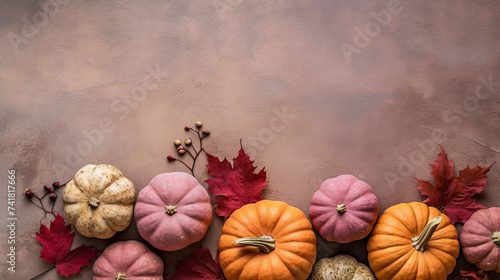 A group of pumpkins with dried autumn leaves and twig, on a light maroon color stone