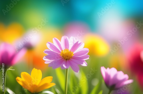 Spring flowers background. Sunny blurred background.