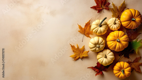 A group of pumpkins with dried autumn leaves and twig  on a light yellow color stone