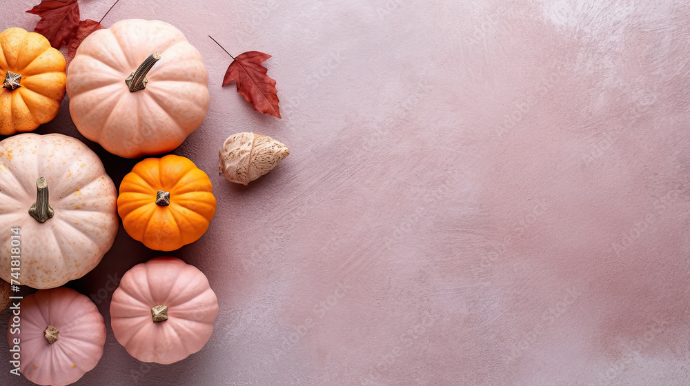 A group of pumpkins with dried autumn leaves and twig, on a light pink color stone A group of pumpkins with dried autumn leaves and twig, on a light pink color stone