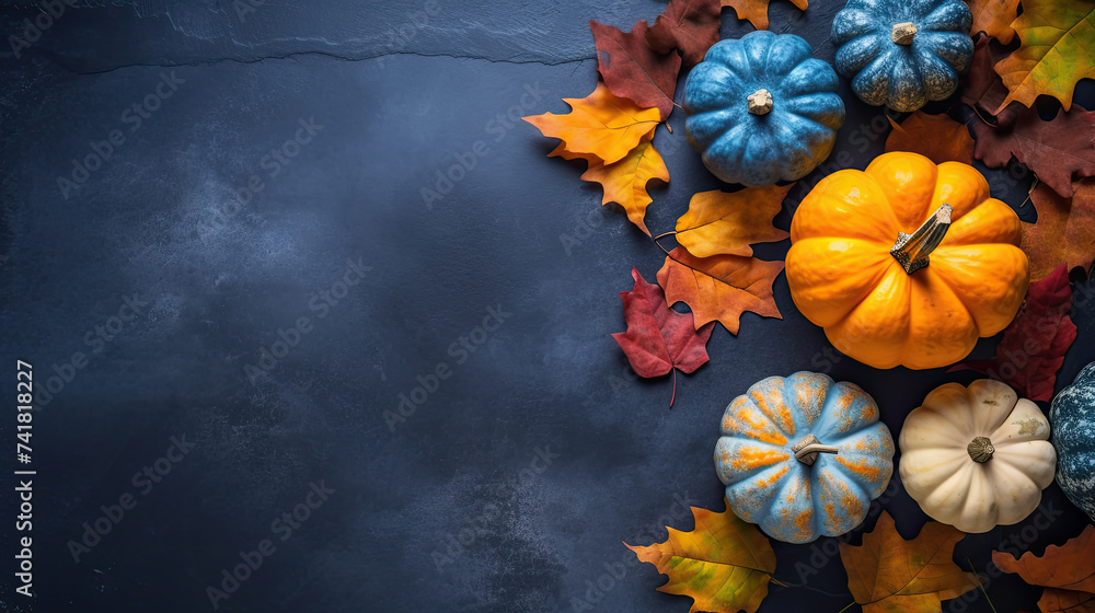 A group of pumpkins with dried autumn leaves and twig, on a vivid blue color stone A group of pumpkins with dried autumn leaves and twig, on a vivid blue color stone