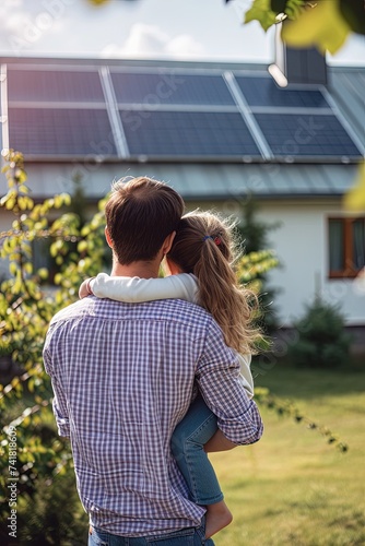 A father holds his daughter, proud of their eco-friendly house with solar panels.