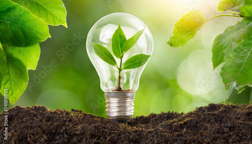 Green energy innovation light bulb with future industry of power generation icon graphic interface. Concept of sustainability development by alternative sources renewable. Ecology and environment. photo