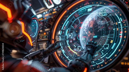 3d render of a circle HUD for a virtual reality spacewalk experience with suit controls and mission objectives © pprothien