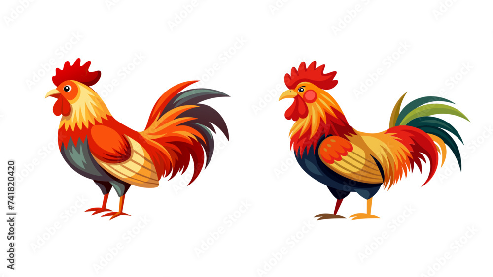 Chicken rooster and hen set vector, isolated. 