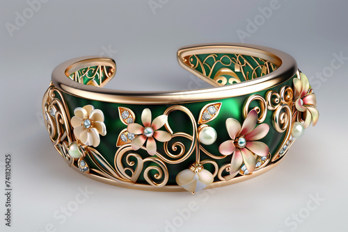 3d render of a floral motif gold cuff bracelet with enamel and pearl accents photo