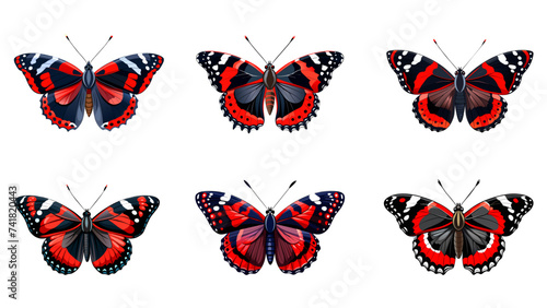 Vector set of red admiral butterflies isolated