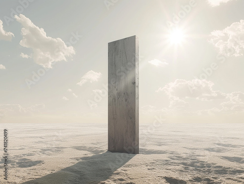 3d render of a flat landscape with a single tall geometric monolith