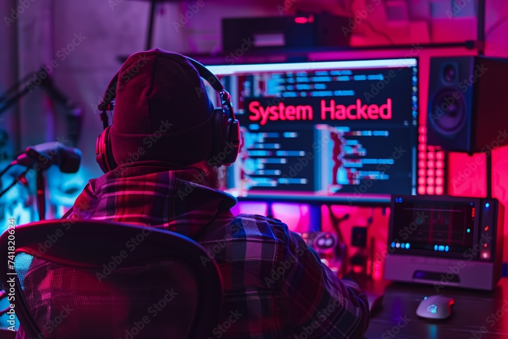 a computer hacker looks over his malicious code after a successful cyber security hack
