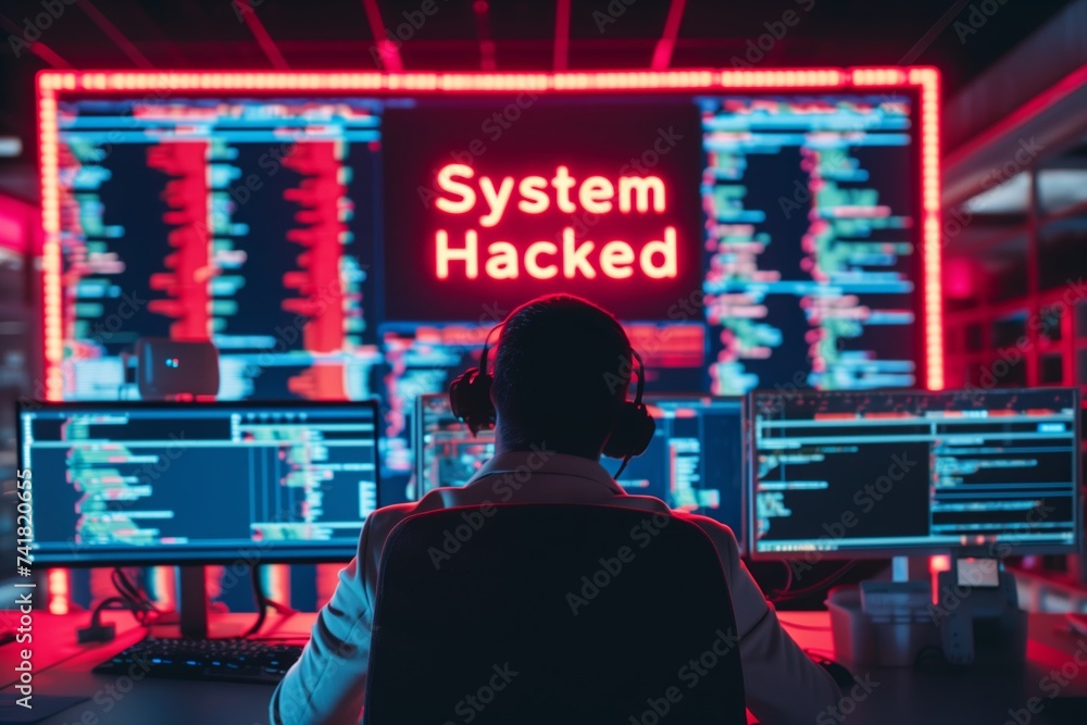 a large monitor in a control room warns of a successful cyber security system hack a large monitor in a control room warns of a successful cyber security system hack