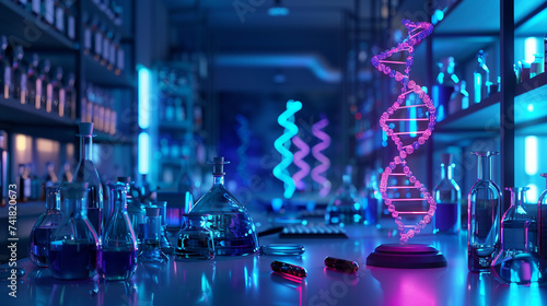 3d render of a glowing neon DNA helix in a science lab photo