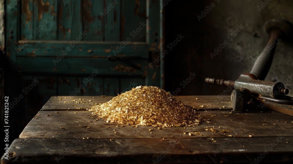 gold coins and treasures casually strewn on an ancient, weathered wooden table gold coins and treasures casually strewn on an ancient, weathered wooden table