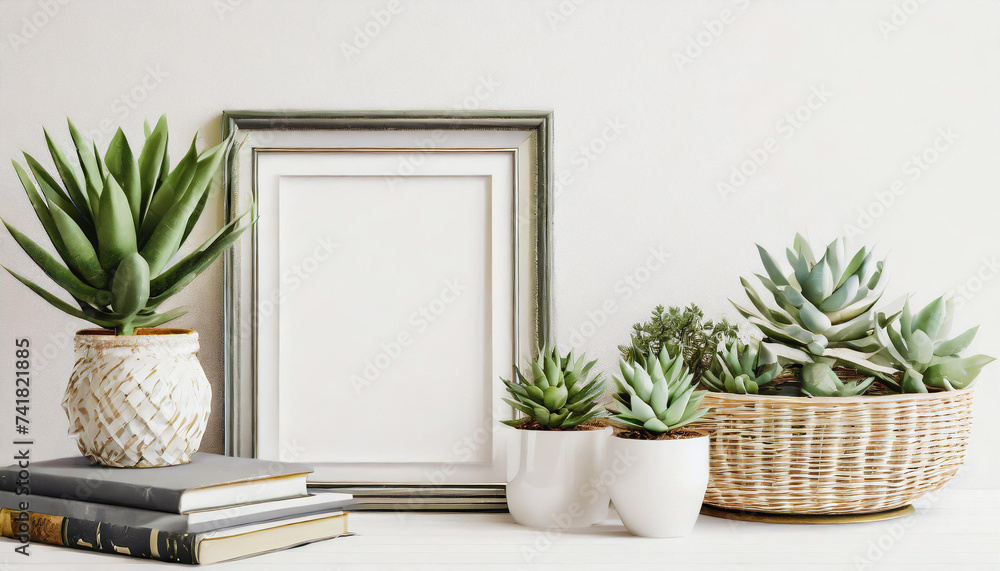 Home interior poster mock up with horizontal metal frame, succulents in basket and pile of books on white wall background photography: