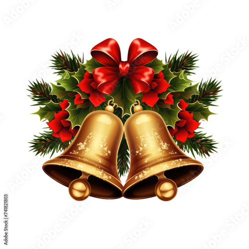christmas bells with silver leaves ornaments decoration isolated on transparent background 