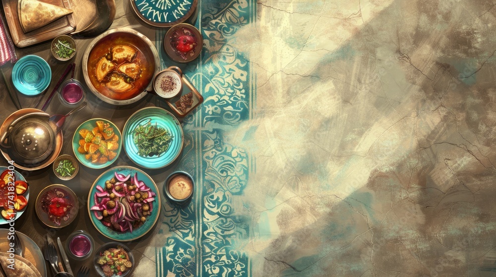 delectable spread of Arabic Cuisine, showcasing a traditional Middle Eastern lunch, perfectly suited for Ramadan Iftar