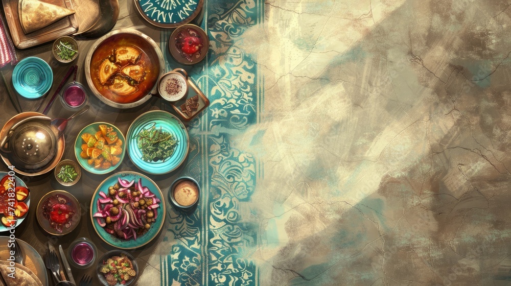 delectable spread of Arabic Cuisine, showcasing a traditional Middle Eastern lunch, perfectly suited for Ramadan Iftar delectable spread of Arabic Cuisine, showcasing a traditional Middle Eastern lunch, perfectly suited for Ramadan Iftar