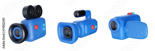 Set blue video cameras in bright cartoon 3d style. Cute modern minimal vector illustration.