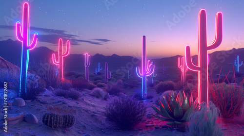 3d render of a surreal desert at night illuminated by neon cacti photo