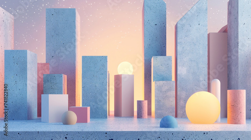 3d render of a terrazzo textured geometric skyline illuminated in a minimalist cityscape