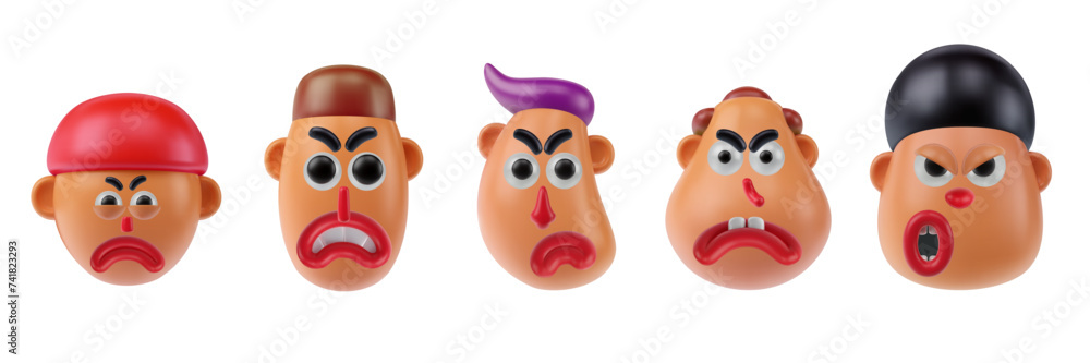 Set funny cartoon human head angry boy or men in realistic 3d style. Bright creative character design. Colorful vector illustration. Set funny cartoon human head angry boy or men in realistic 3d style. Bright creative character design. Colorful vector illustration.