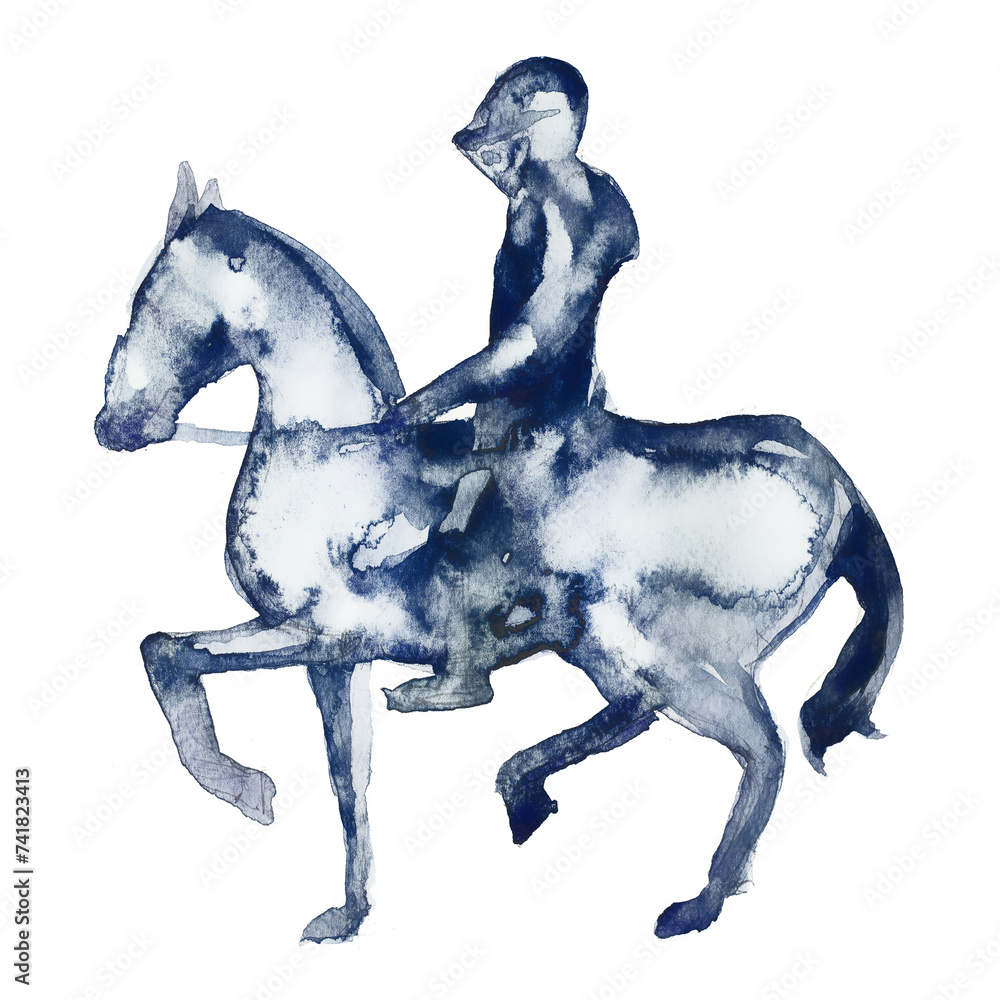 Fototapeta premium Medieval knight on a horse silhouette design. Watercolor hand painted fairytale illustration. Warrior fantastic clipart isolated on a white background. Kingdom themed graphics.