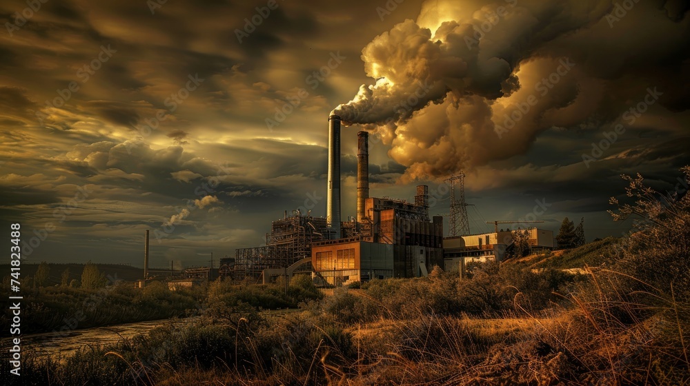 A brown coal power plant releasing emissions - obrazy, fototapety, plakaty 