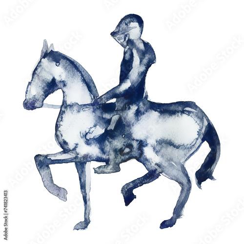 Medieval knight on a horse silhouette design. Watercolor hand painted fairytale illustration. Warrior fantastic clipart isolated on a white background. Kingdom themed graphics.