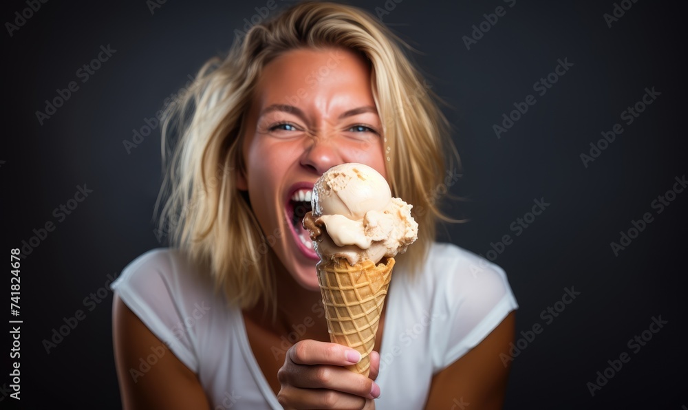 A happy, smiling, comical and funny girl is enjoying eating an ice-cream