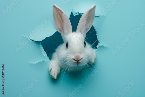 Curious Easter bunny or rabbit peeking through a hole on soft blue background, greeting card