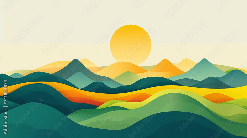 Illustration of a clean geometric landscape with a minimalist mountain range Illustration of a clean geometric landscape with a minimalist mountain range