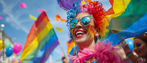 A vibrant and colorful drag queen smiling, holding a rainbow flag, with a wide view of the sky and fluttering flags photo