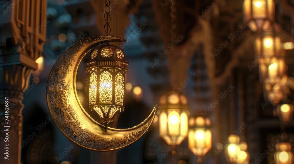 Luxury Islamic Decoration Background with Lantern and Crescent Moon. Elegant Design for Ramadan Kareem and Religious Celebrations. Copy Space for Text
