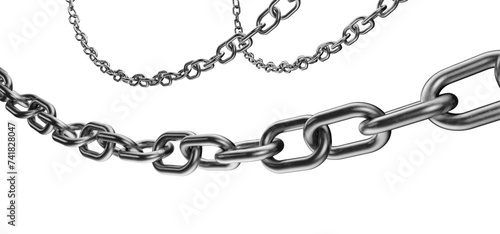 A metal chain hangs from the top of the frame. A blank metal chain according to your design. Several metal chains of different sizes. Metal chain on a transparent white background. 3D rendering. photo