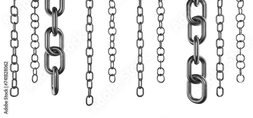 Metal chain hangs down. The ends of the metal chain hang down. Preparing a metal chain according to your design. Several metal chains of different sizes.  photo