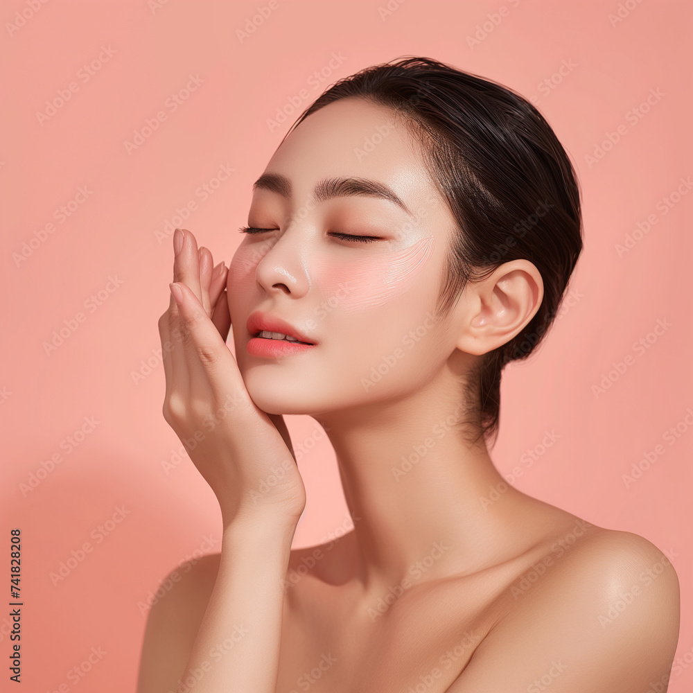 Beautiful Caucasian woman with clean glowing face skin in isolated studio white background for beauty and skin care concepts Beautiful Caucasian woman with clean glowing face skin in isolated studio white background for beauty and skin care concepts