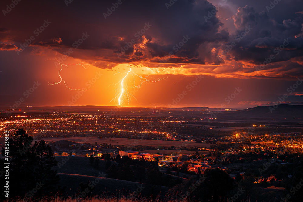 Fototapeta premium Lightning strikes the ground from thunderclouds over the city