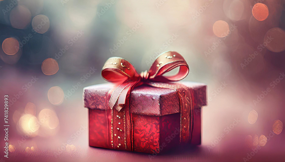 beautiful red square gift box with red bow on side on red background, top view beautiful red square gift box with red bow on side on red background, top view