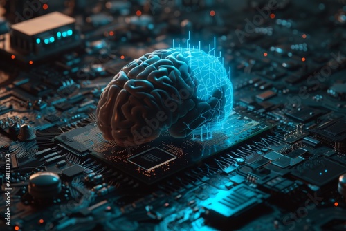 AI Brain Chip nanofiltration. Artificial Intelligence orange laser mind motor weakness axon. Semiconductor cranial nerve neurons circuit board brain computer interface deep learning photo