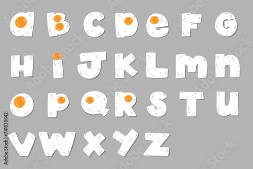 fried eggs alphabet. isolated letters  latin font. Yummy food snack typeset alphabet collection for your font design, nursery or kindergarten banners and posters, education.