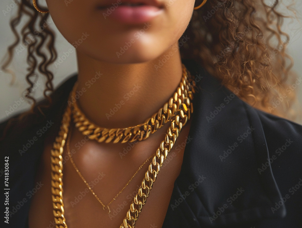 Photography of a chic layered gold chain necklace on a fashion model
