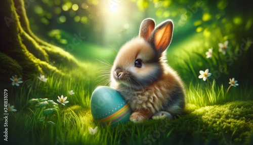 Fluffy Bunny Holding Easter Egg in Meadow