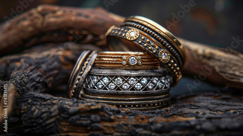 Photography of a set of stackable rings with mixed metals and textures