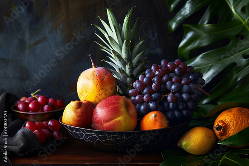 Photography of a strikingly colored exotic fruit arrangement on a dark table