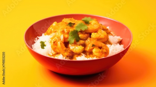 Vibrant curry shrimp with rice in a red bowl against a yellow background
