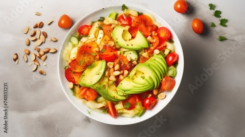 Fresh avocado salad with tomatoes and pine nuts on a textured background