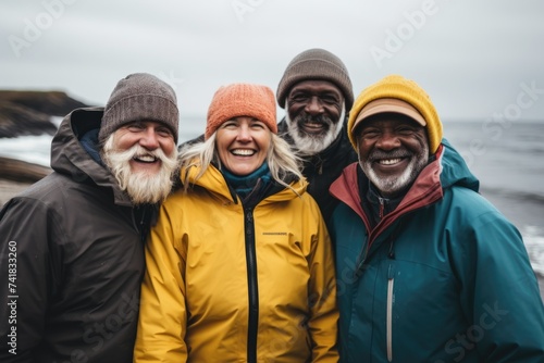 Portrait of diverse senior people on the cold beach