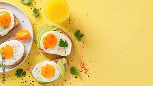 Sunny breakfast scene with avocado toast, sunny-side-up eggs, and fresh juice on a vibrant yellow background