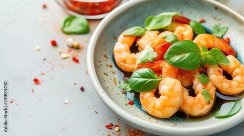 Savory garlic shrimp with fresh basil and cherry tomatoes, served in a ceramic bowl embellished with spices