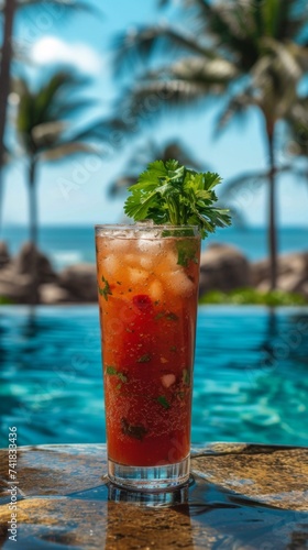 Refreshing michelada cocktail against a tropical poolside backdrop